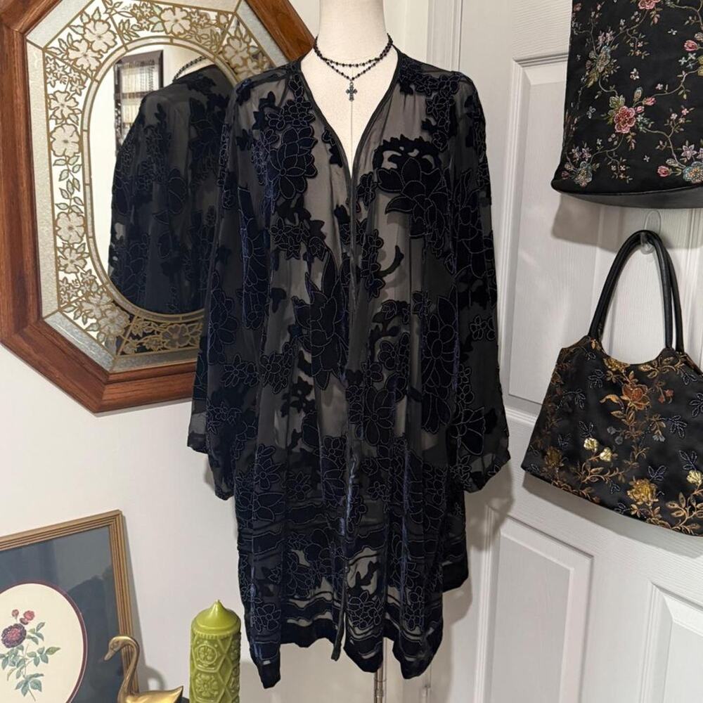 Y2K Java Sheer Black Mesh & Dark Blue Velvet Burnout Whimsy Long Sleeve Kimono